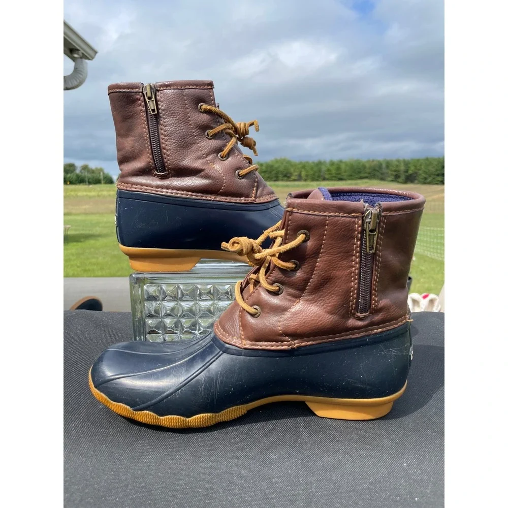 Sperry Saltwater Duck Boot Girls 6M Navy Blue Brown Leather YG55203 Waterproof